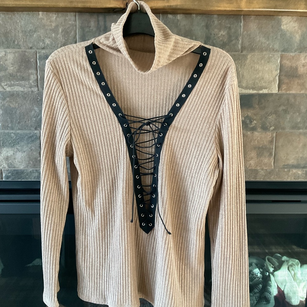 Stylish Tan Lace-Up Women's Top